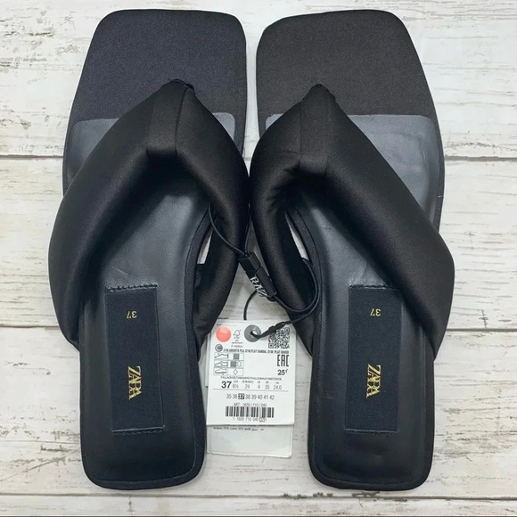 Zara Black Square Toe Quilted Slides Thong Sandals Flip Flop Summer - Picture 7 of 12